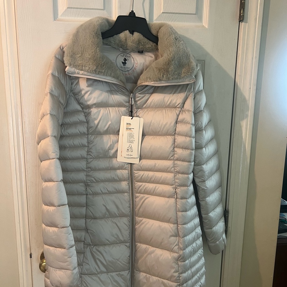 SAVE THE DUCK Caroline Faux Fur Collar Puffer Jacket Size 4/XL in Rainy Beige